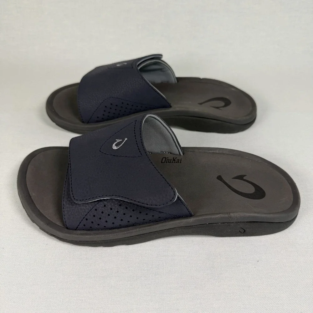 Olukai Nalu Slides Mens 8 Blue Sandals Cushioned Footbed Adjustable Upper Strap